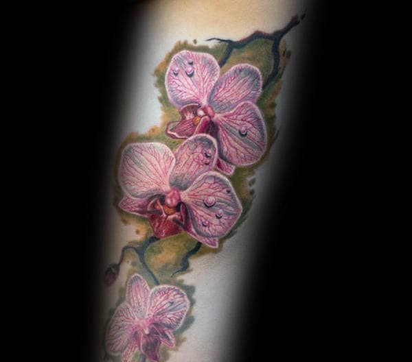 Pink Orchid Flowers Mens Watercolor Tattoo Ideas