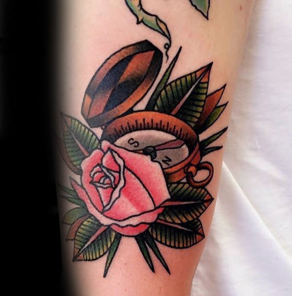 Pink Rose With Compass Male Traditional Old School Arm Tattoos