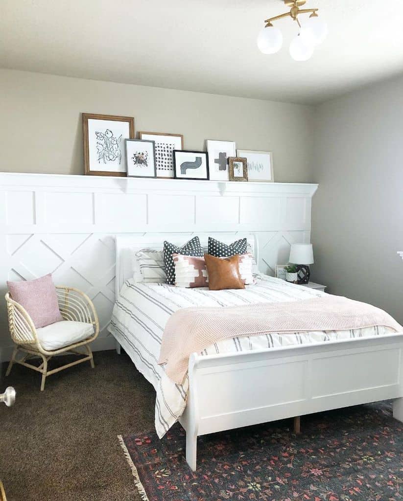 white girls bedroom with cane accent chair 