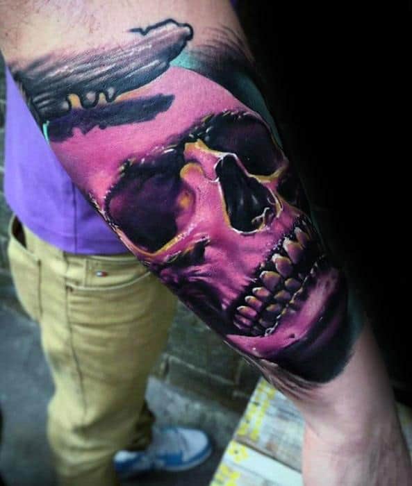 Pink Unique Skull Mens Outer Forearm Cool Tattoo Designs
