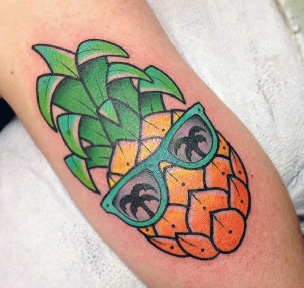 Pinnaple With Glasses And Palm Tree Reflection Mens Arm Tattoo