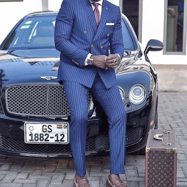 Pinstripe Navy Blue Suit Brown Shoes Outfits For Men
