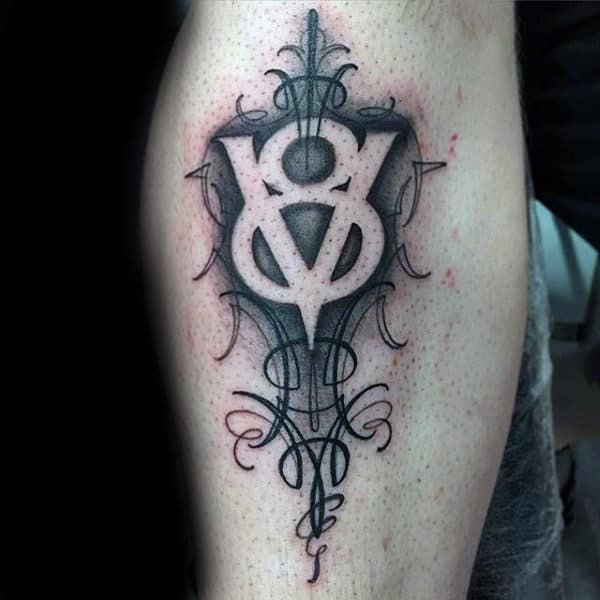 Pinstripe Negative Space V8 Guys Shin Tattoo