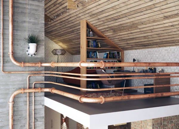 Creative industrial office design featuring exposed copper pipes, wood-paneled ceilings, and a cozy loft library.