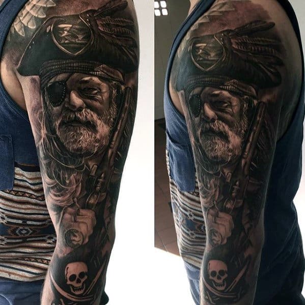 Pirate Awesome Male Full Arm Sleeve Tattoos