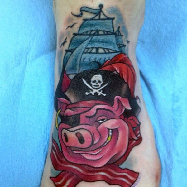 Pirate Bacon Pig And Large Sailed Ship Tattoo Male Forearm