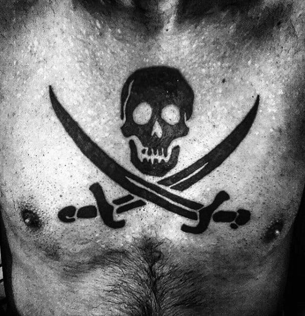 Pirate Flag Symbol Guys Black Ink Upper Chest Tattoos