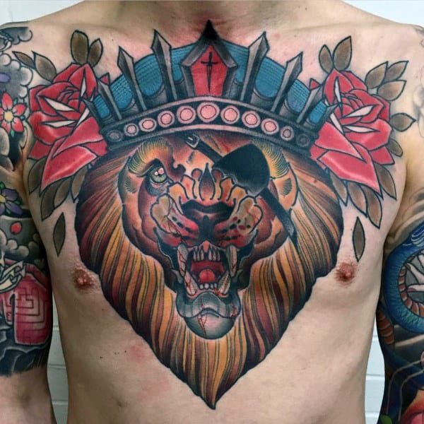 Pirate Head Traditional Lion Mens Upper Chest Tattoos