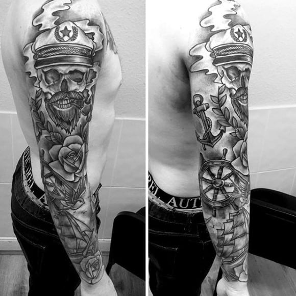 Pirate Nautical Themed Guys Full Sleeve Tattoo Design Ideas