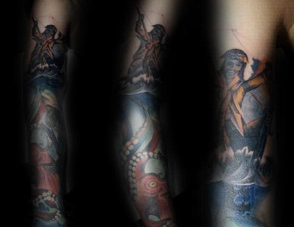 Pirate Sailor Fighting Kraken Mens Sleeve Tattoo
