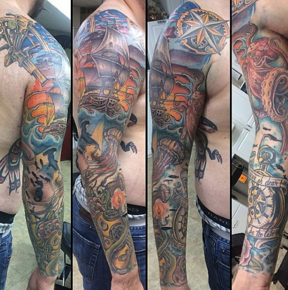 Pirate Ship Sleeve Tattoo Designs For Guys