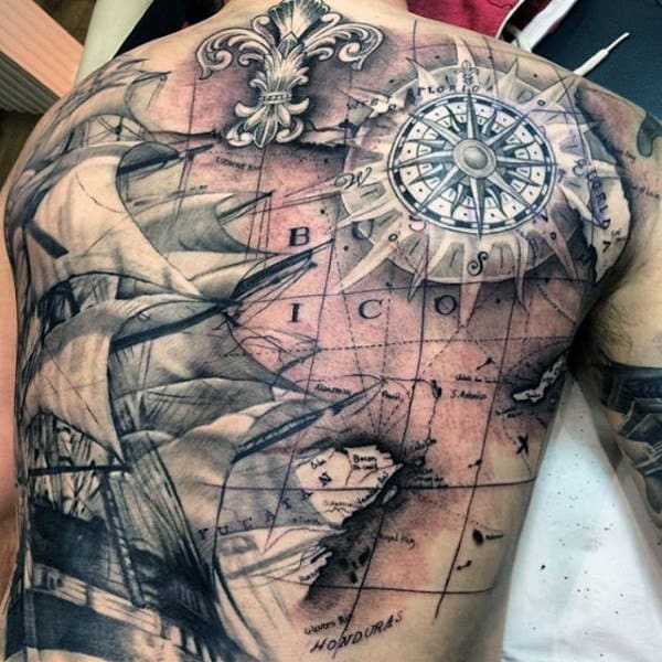 Pirate Ship Treasure Map Tattoo For Men