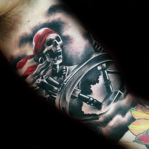 Pirate Skeleton Steering Ship Wheel Mens Tattoo On Inner Arm