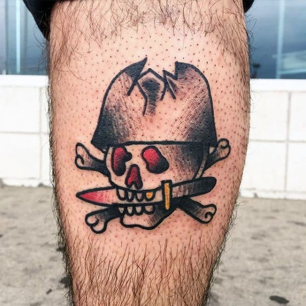 Pirate Skull Guys Small Traditional Leg Tattoos