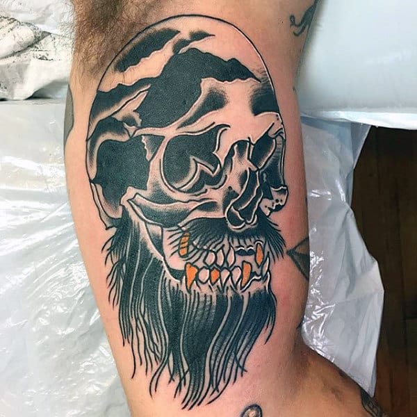 Pirate Skull With Gold Teeth Mens Traditional Inner Arm Bicep Tattoos