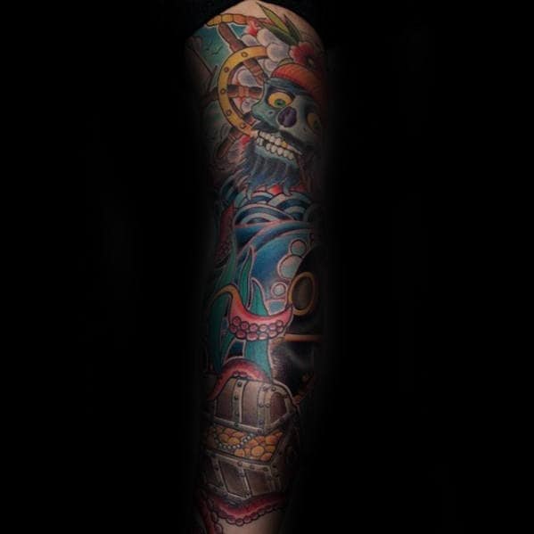 Pirate With Treasure Chest Guys Full Sleeve Old School Tattoo Designs