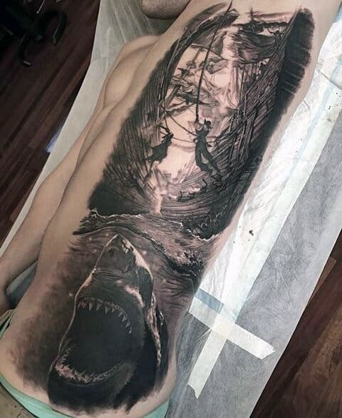 Pirates With Shark Mens 3d Creative Rib Cage Side Tattoo