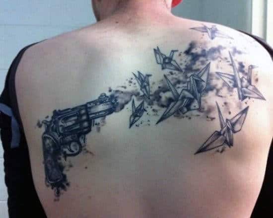 Pistol Tattoos For Men On Back With Birds