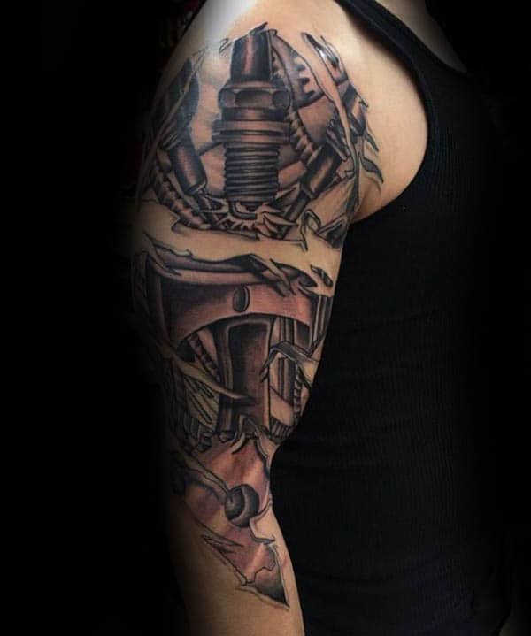 Pistons Spark Plug Guys Torn Skin Half Sleeve Tattoos