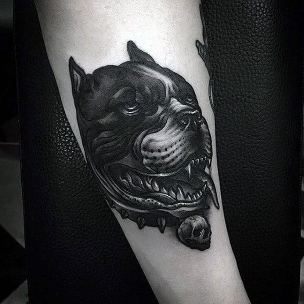 Pitbull Dog Animal Male Black Ink Tattoos On Arm