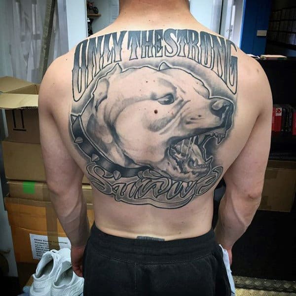 Pitbull Dog With Only The Strong Survive Quote Guys Back Tattoos