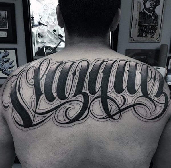Pitch Black Lettering Tattoo Mens Back