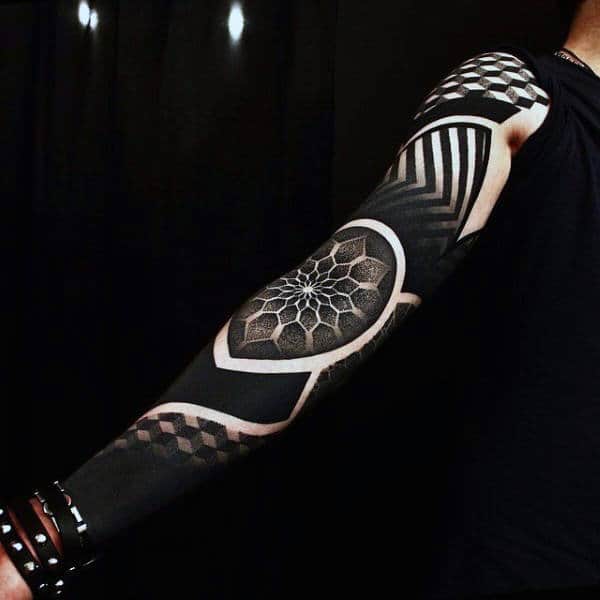 Pitch Black Pattern Tattoo With Flowers Male Full Sleeves