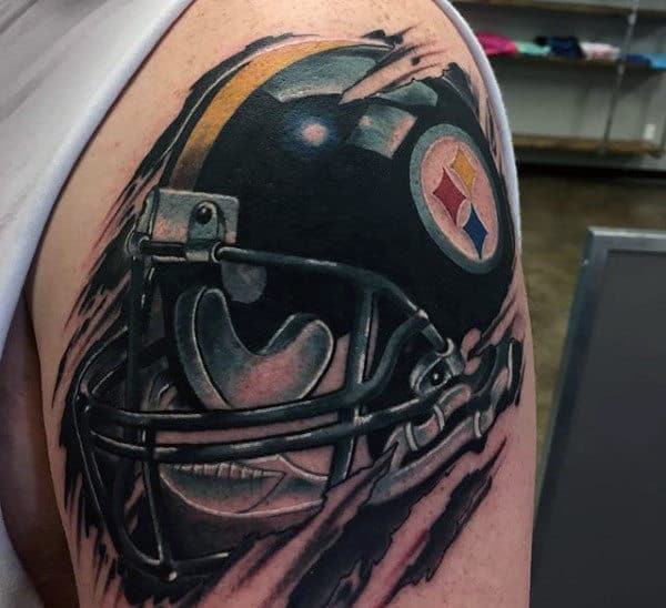 Pitsburg Steerls Mens Football Helmet Upper Arm Tattoo With Torn Skin Deisgn