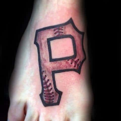 Pittsburgh Pirates "P" tattoo on the foot with baseball-style stitching details, blending team pride with classic sports design.