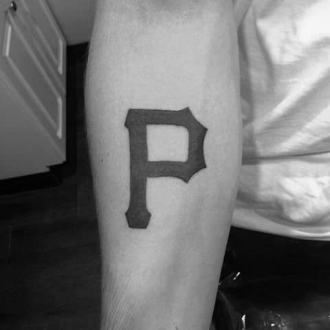 Classic solid black Pittsburgh Pirates "P" tattoo placed on the inner forearm for a clean and timeless team tribute.