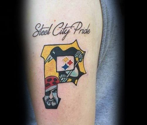 Colorful Pittsburgh Pirates "P" tattoo featuring a pirate, Steelers logo, and "Steel City Pride" script, celebrating Pittsburgh sports.
