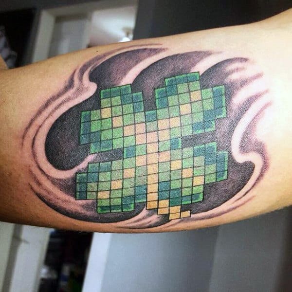 Pixalated Abstract Mens Bicep Four Leaf Clover Tattoo