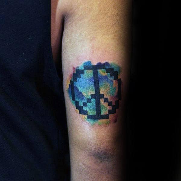 Pixalated Style Guys Peace Sign Watercolor Tricep Tattoo