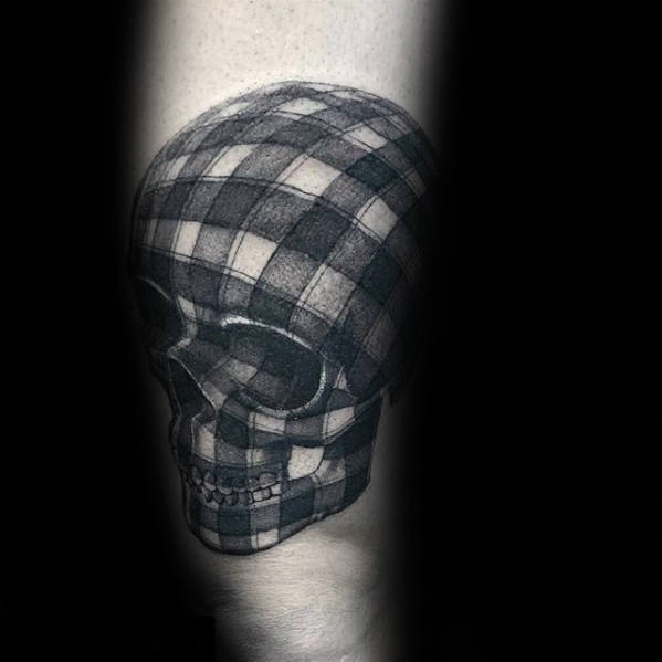 Plaid 3d Skull Mens Leg Tattoo
