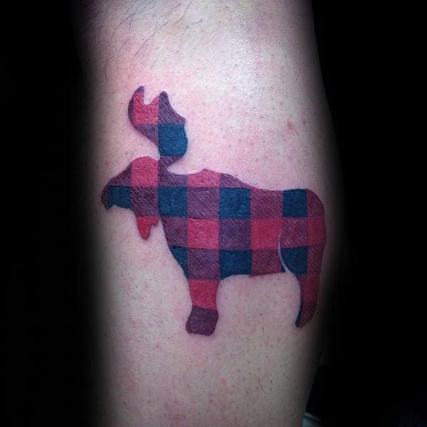 Plaid Design Moose Leg Calf Tattoos For Guys