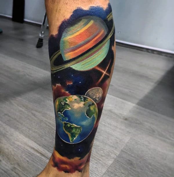 Planets Artistic Mens Leg Sleeve Tattoos