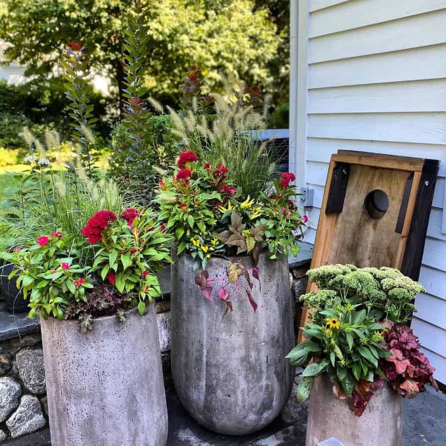 Three large stone planters with colorful flowers and greenery beside a white house and wooden game board in a garden setting