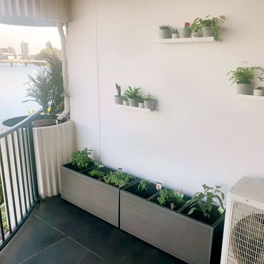 Minimalist balcony garden with raised planters and small potted plants on wall shelves.