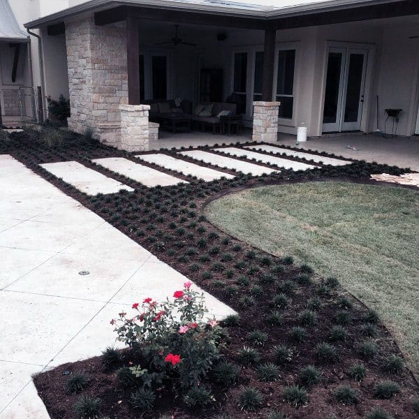 Modern patio with stone pathways, low-maintenance plants, and a cozy outdoor seating area.