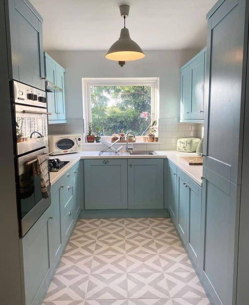 small galley kitchen green cabinets pattern floor tile design