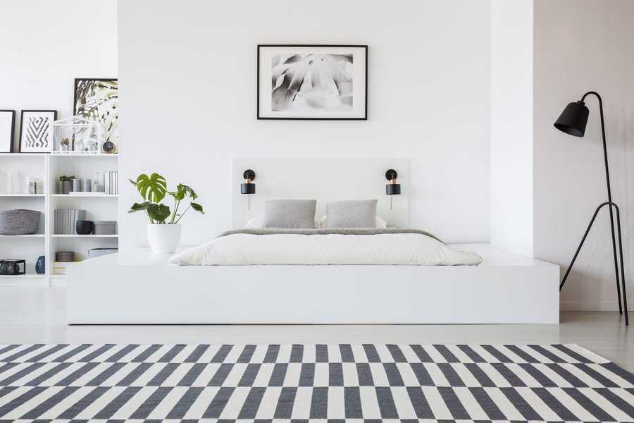 Minimalist bedroom with black-and-white decor, striped rug, and potted plant