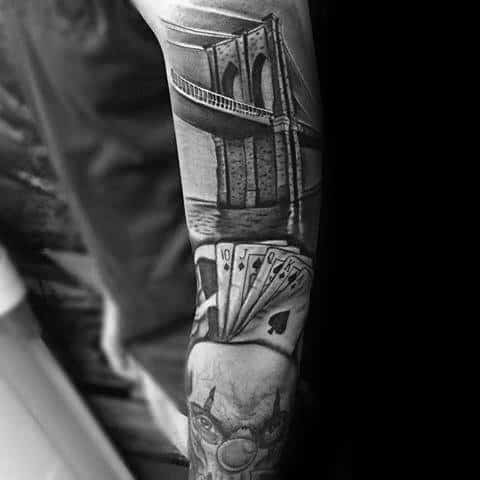 Playing Cards With Brooklyn Bridge Mens Sleeve Tattoo Design Ideas
