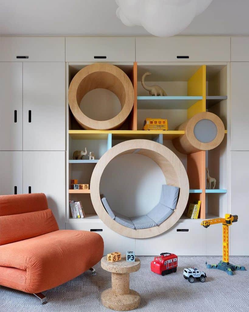 kids playroom with recessed seating nook and storage