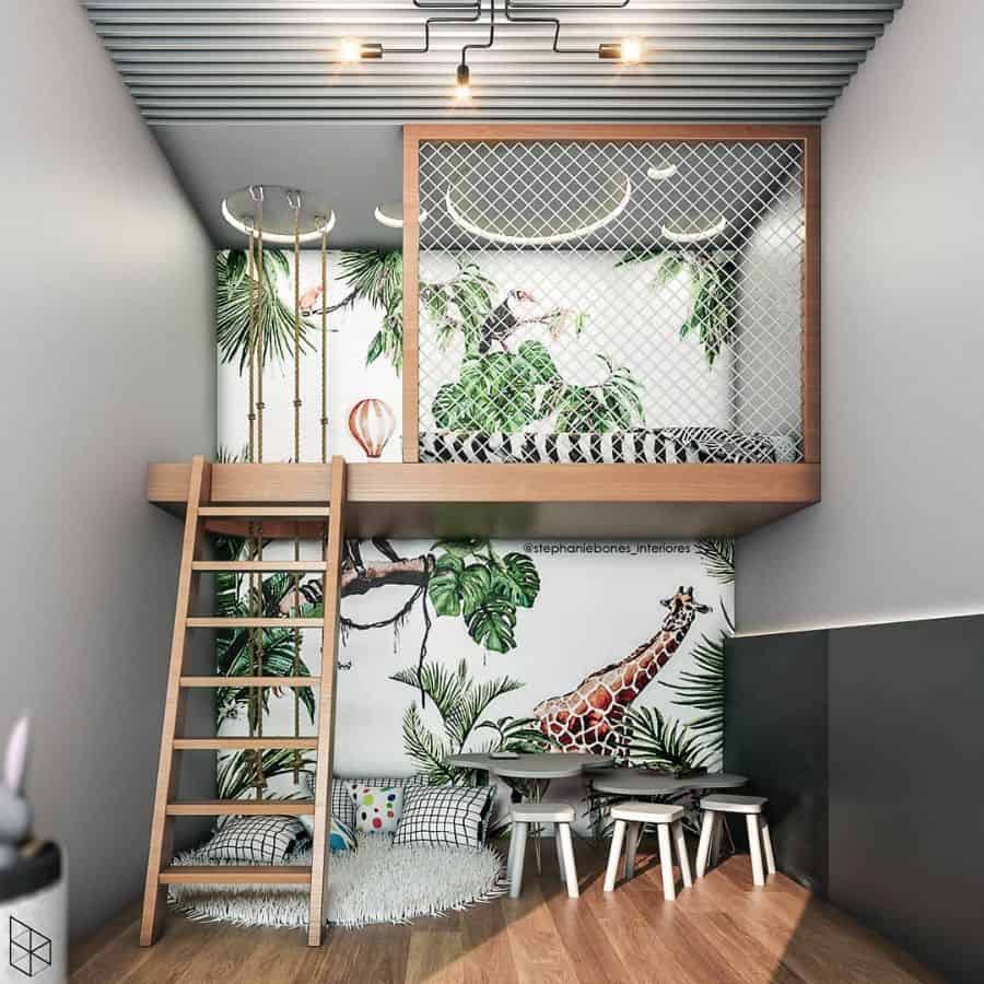 kids playroom with loft bed and table and chairs