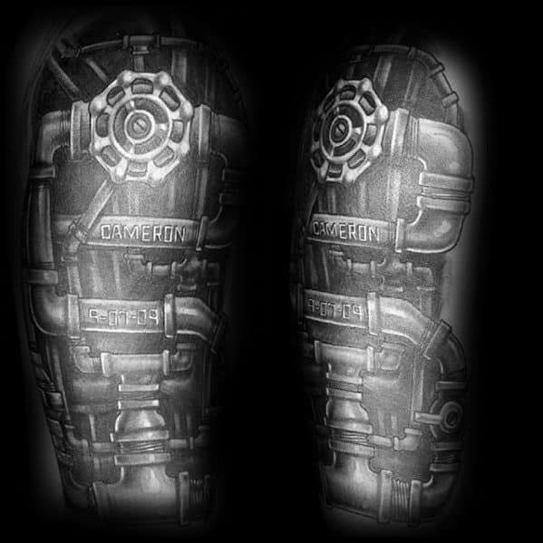 Realistic black and grey sleeve tattoo of intricate plumbing valves and pipes labeled CAMERON, designed with a high-shine metallic effect.