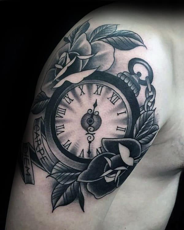 Pocket Watch Black Rose Flower Male Traditional Tattoo Ideas On Upper Arm
