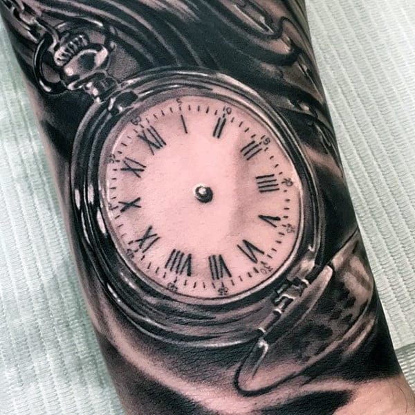 Pocket Watch Grey Black Tattoo Forearms Men