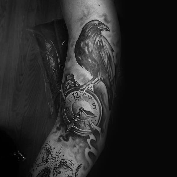 Pocket Watch Guys Crow Tattoo Sleeve Ideas