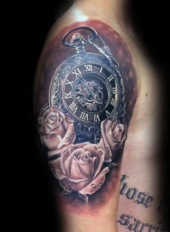 Tattoo of a pocket watch with roses on an upper arm