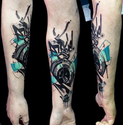 Pocket Watch Tattoo With Fluroscent Colors Tattoo On Forearms Guys